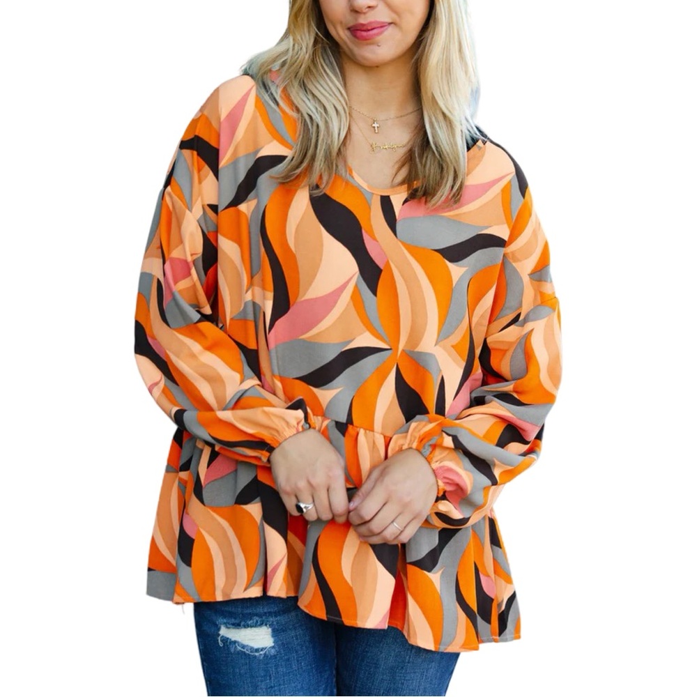 NEW HAPTICS RUST ABSTRACT PRINT V NECK PEPLUM TOP - Picture 8 of 10